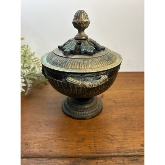 Vintage Brass Urn-Style Bowl Double Handle & Lid W/Lion Head Accents - Picture 4 of 11